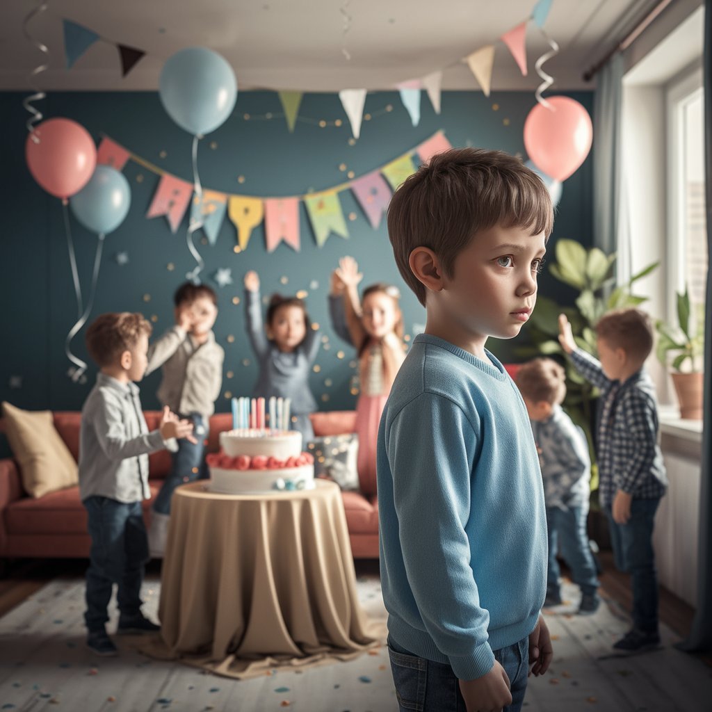 Niño pensativo en una fiesta de cumpleaños, representación simbólica de la infancia en una familia de testigos de Jehová