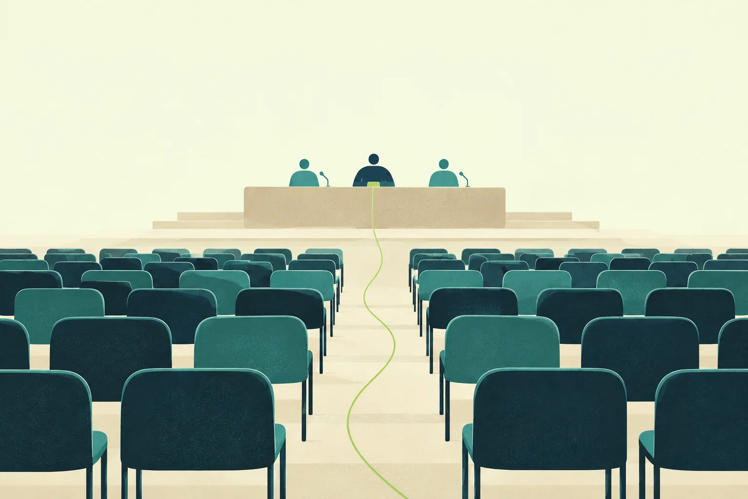 Ilustración de una sala con filas de sillas frente a una mesa distante, conectadas por un hilo verde