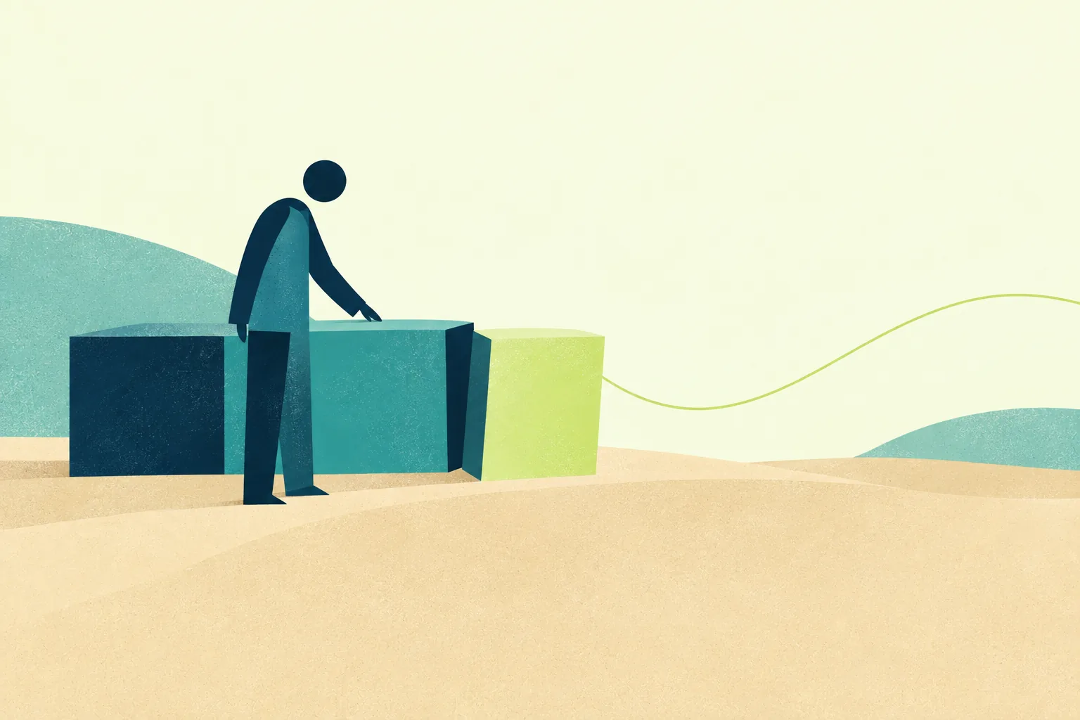 Ilustración de una figura que examina una pieza geométrica desplazada; un hilo verde sale del espacio que se abre entre las formas