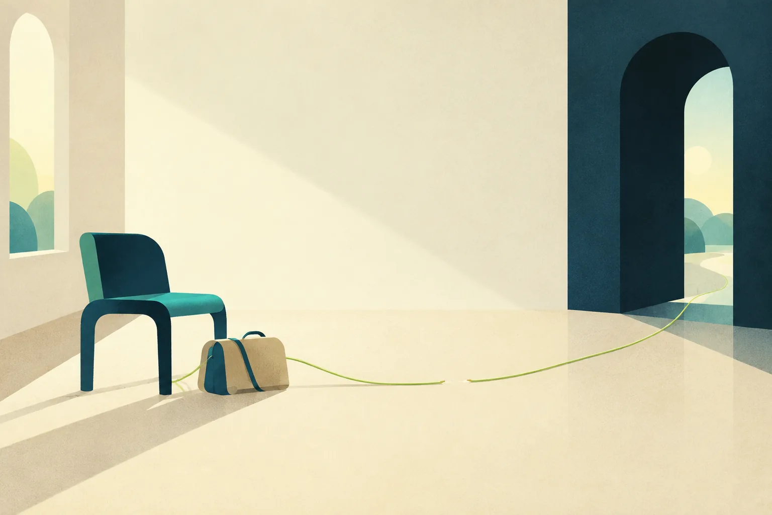 Ilustración de una silla vacía y una bolsa junto a una puerta, con un hilo verde cortado en el suelo