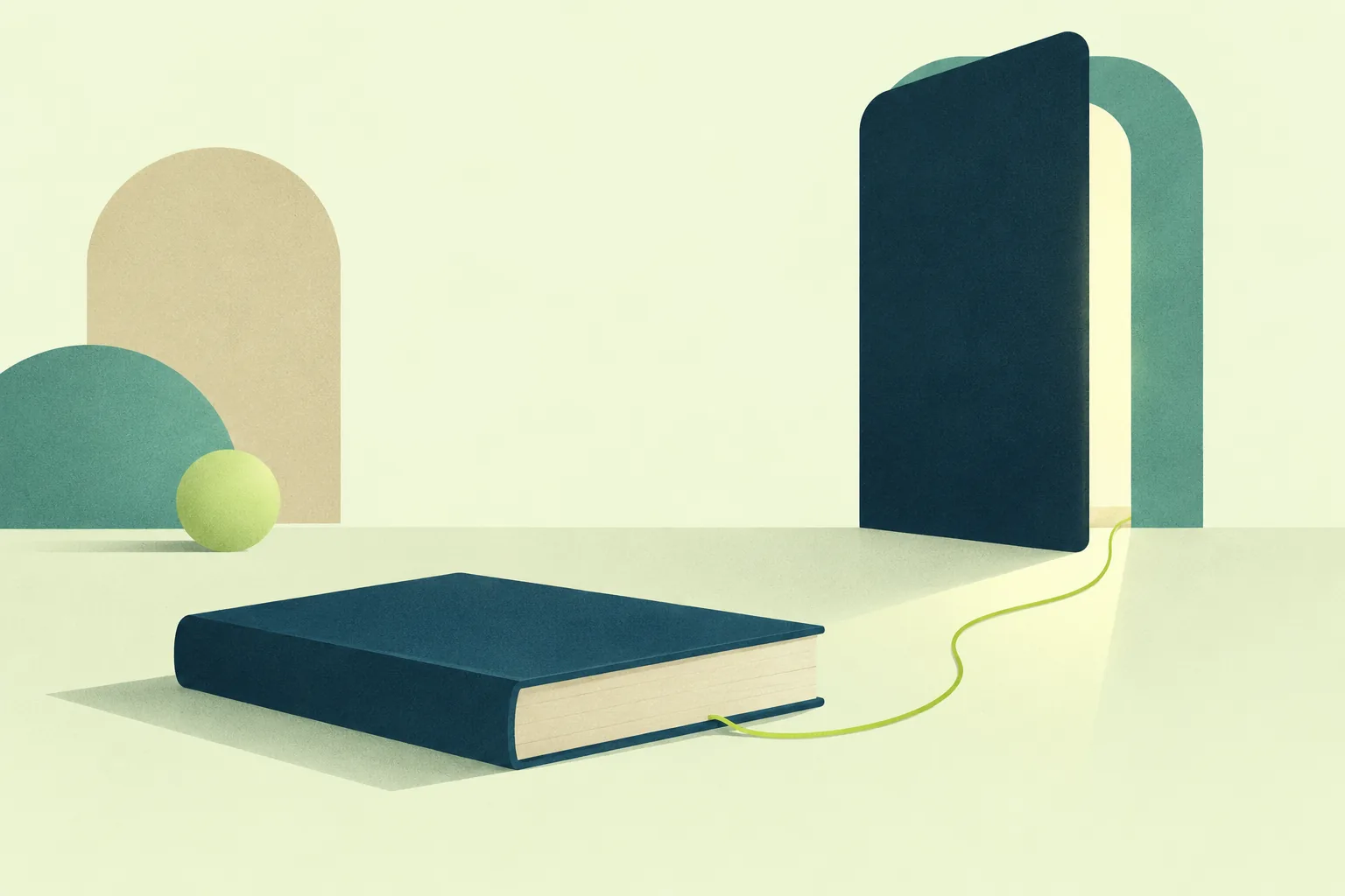 Ilustración de un libro junto a una puerta entreabierta, con un hilo verde que sale de debajo del libro hacia la abertura