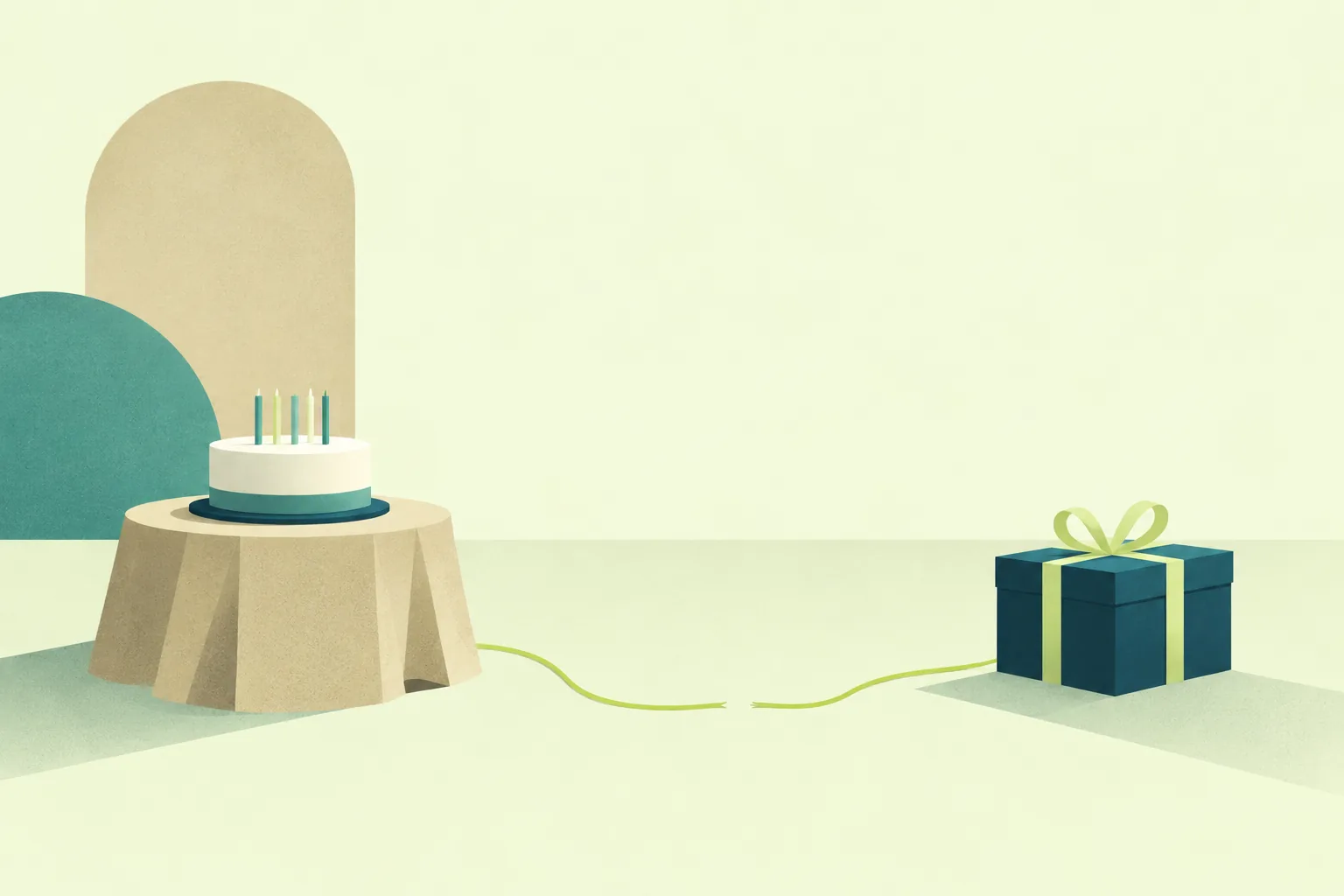 Tarta de cumpleaños y regalo separados por un hilo verde cortado, una escena simbólica sobre no celebrar cumpleaños